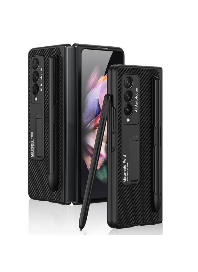 Generic Case Cover For Samsung Galaxy Z Fold 3 5G Ultra-thin PC + PU Phone Flip Case with Holder & Pen Slot Carbon Fiber Texture 