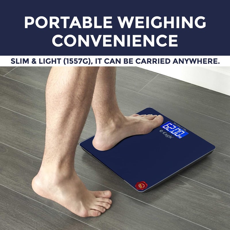 Eagle Digital Body Weighing Scale | 200 Kg Capacity, Personal Body Weight Machine with 6mm Tempered Glass | Bathroom Scale for Home, Gym, Fitness | LCD Display | 2-Year Warranty - EEP-1004A Blue - Image 4