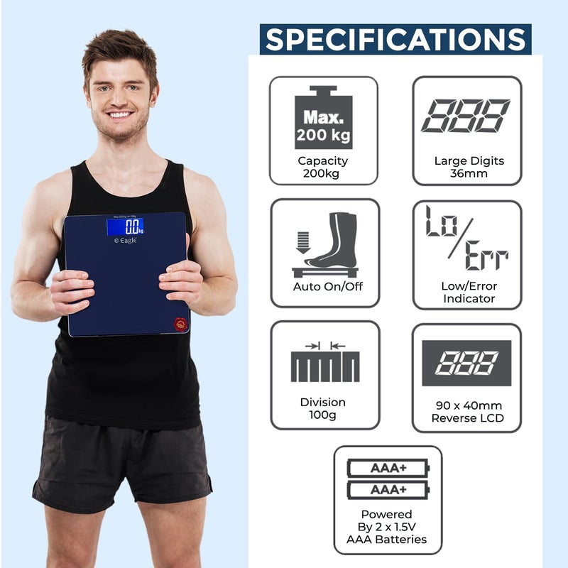 Eagle Digital Body Weighing Scale | 200 Kg Capacity, Personal Body Weight Machine with 6mm Tempered Glass | Bathroom Scale for Home, Gym, Fitness | LCD Display | 2-Year Warranty - EEP-1004A Blue - Image 3