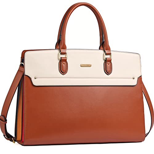Telena Briefcase for Women Leather Computer Bag Vintage Fashion Laptop Work Business Brown with Beige - Image 1