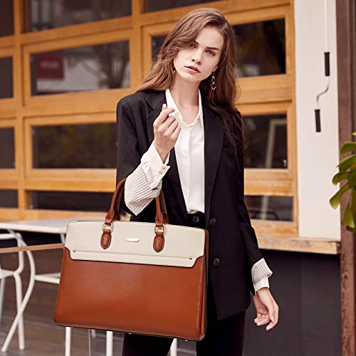 Telena Briefcase for Women Leather Computer Bag Vintage Fashion Laptop Work Business Brown with Beige - Image 2