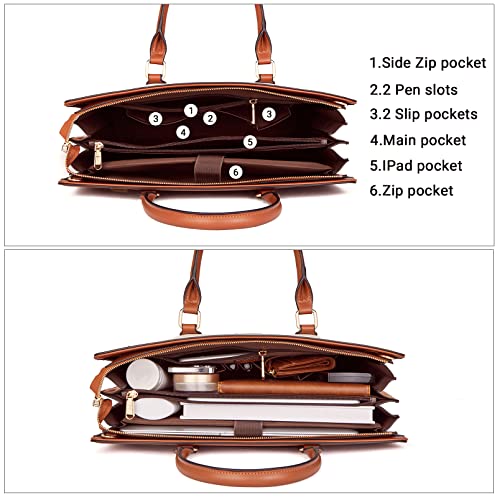 Telena Briefcase for Women Leather Computer Bag Vintage Fashion Laptop Work Business Brown with Beige - Image 4