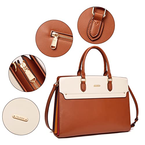 Telena Briefcase for Women Leather Computer Bag Vintage Fashion Laptop Work Business Brown with Beige - Image 5