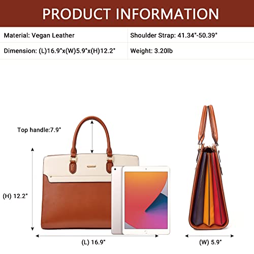 Telena Briefcase for Women Leather Computer Bag Vintage Fashion Laptop Work Business Brown with Beige - Image 3