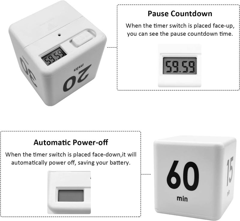 Leeonz Cube Timer, Time, Kitchen Timer Kids Timer for ADHD Productivity Workout Flip Timer Classroom for StudyTime Countdown Management Settings 1/3/5/7/15/20/25/30/35/45/60/90 Minutes - White - Image 4