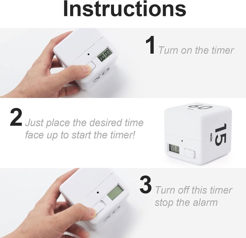 Leeonz Cube Timer, Time, Kitchen Timer Kids Timer for ADHD Productivity Workout Flip Timer Classroom for StudyTime Countdown Management Settings 1/3/5/7/15/20/25/30/35/45/60/90 Minutes - White - Image 3