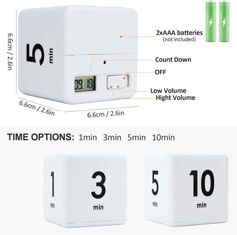 Leeonz Cube Timer, Time, Kitchen Timer Kids Timer for ADHD Productivity Workout Flip Timer Classroom for StudyTime Countdown Management Settings 1/3/5/7/15/20/25/30/35/45/60/90 Minutes - White - Image 2
