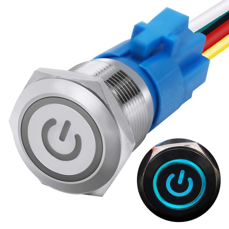 mxuteuk 19mm Latching Push Button Switch 1 NO 1 NC SPDT ON/Off Silver Stainless Steel Shell with 12v Blue Power Symbol Light Suitable for 3/4" Mounting Hole L-19-POWER-T-BU - Image 1