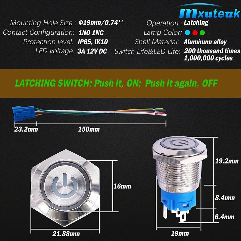 mxuteuk 19mm Latching Push Button Switch 1 NO 1 NC SPDT ON/Off Silver Stainless Steel Shell with 12v Blue Power Symbol Light Suitable for 3/4" Mounting Hole L-19-POWER-T-BU - Image 3