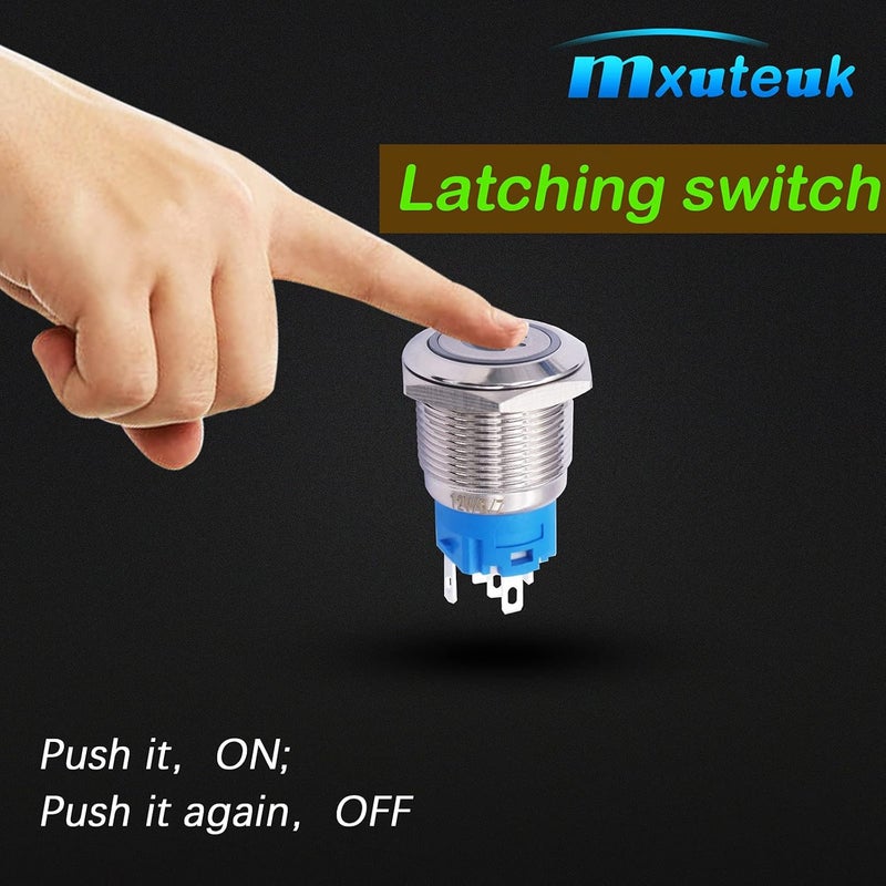 mxuteuk 19mm Latching Push Button Switch 1 NO 1 NC SPDT ON/Off Silver Stainless Steel Shell with 12v Blue Power Symbol Light Suitable for 3/4" Mounting Hole L-19-POWER-T-BU - Image 4