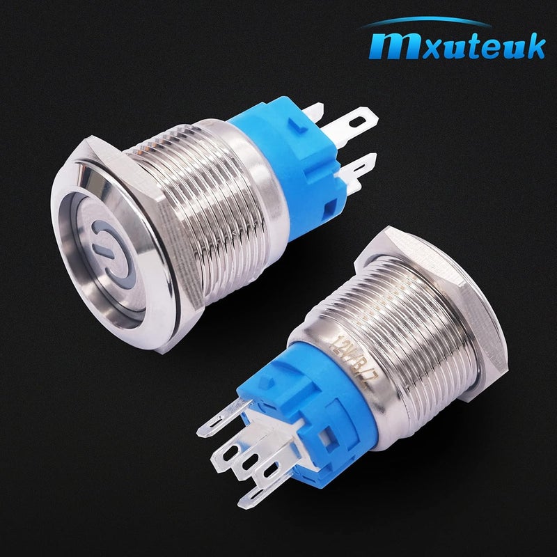 mxuteuk 19mm Latching Push Button Switch 1 NO 1 NC SPDT ON/Off Silver Stainless Steel Shell with 12v Blue Power Symbol Light Suitable for 3/4" Mounting Hole L-19-POWER-T-BU - Image 5