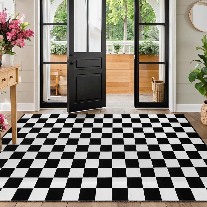 Seavish Checkered Rug, 4x6 Ft Black and White, Washable Moroccan Checkerboard Living Room Floor Cover, Foldable Indoor Carpet for Bedroom, Dining Room, Patio, Porch - Image 3