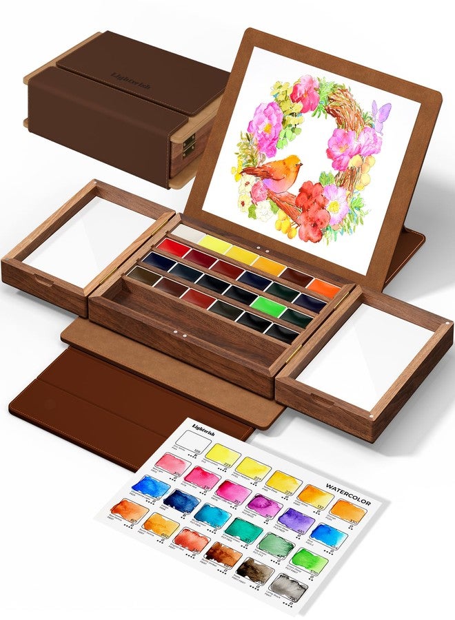 Lightwish Watercolor Paint Set 24 Vibrant Colors with Walnut Wood Palette,Adjustable Angles Leather Sheath Portable Travel Watercolor Palette Set for Artist - Image 1