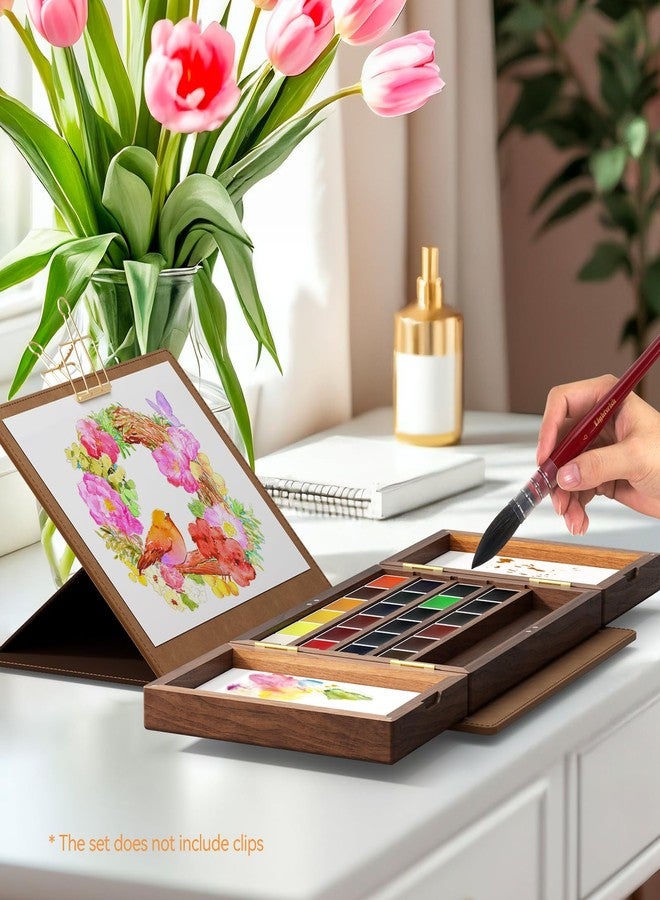Lightwish Watercolor Paint Set 24 Vibrant Colors with Walnut Wood Palette,Adjustable Angles Leather Sheath Portable Travel Watercolor Palette Set for Artist - Image 2