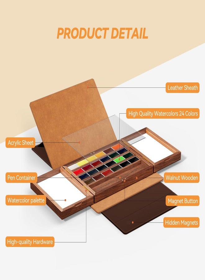 Lightwish Watercolor Paint Set 24 Vibrant Colors with Walnut Wood Palette,Adjustable Angles Leather Sheath Portable Travel Watercolor Palette Set for Artist - Image 3