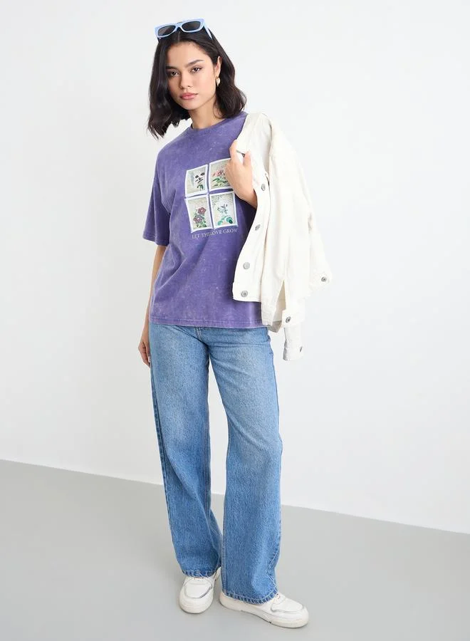 ستايلي Styli Women Purple Acid Washed Oversized T-Shirt