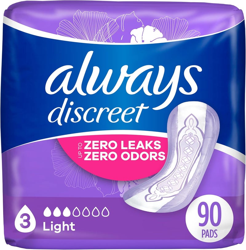 Always Discreet Always Discreet Adult Incontinence Pads for Women, Light Absorbency, Regular Length, Postpartum Pads, 30 Count x 3 Packs (90 Count Total) 