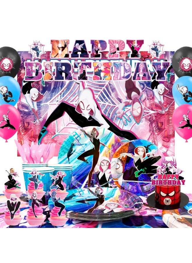 ILovhaprty Spider-Man Gwen Birthday Party Decorations for 10 Guests, 98pcs Spider-Gwen Party Tableware Set - Backdrop Balloon Banner Tablecloth Cake Toppers etc Spider-Gwen Supplies - Image 1