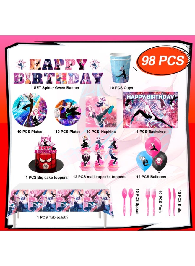 ILovhaprty Spider-Man Gwen Birthday Party Decorations for 10 Guests, 98pcs Spider-Gwen Party Tableware Set - Backdrop Balloon Banner Tablecloth Cake Toppers etc Spider-Gwen Supplies - Image 2