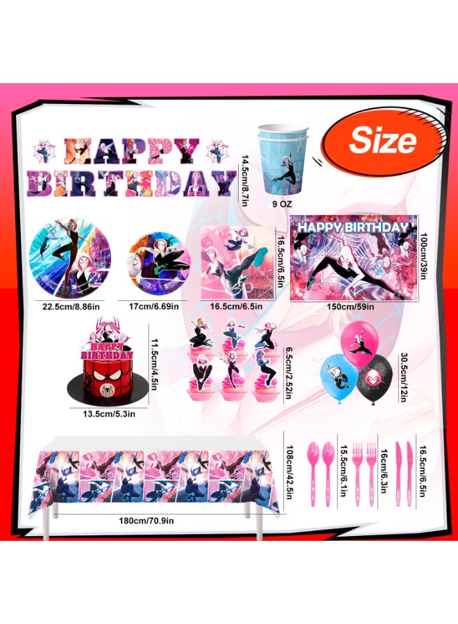 ILovhaprty Spider-Man Gwen Birthday Party Decorations for 10 Guests, 98pcs Spider-Gwen Party Tableware Set - Backdrop Balloon Banner Tablecloth Cake Toppers etc Spider-Gwen Supplies - Image 3