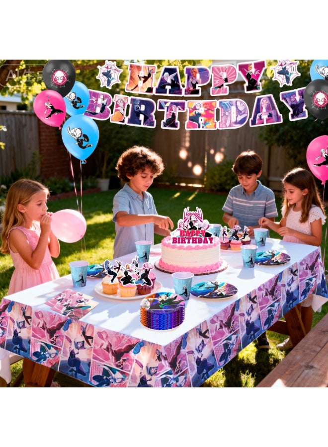 ILovhaprty Spider-Man Gwen Birthday Party Decorations for 10 Guests, 98pcs Spider-Gwen Party Tableware Set - Backdrop Balloon Banner Tablecloth Cake Toppers etc Spider-Gwen Supplies - Image 5