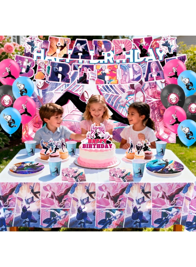ILovhaprty Spider-Man Gwen Birthday Party Decorations for 10 Guests, 98pcs Spider-Gwen Party Tableware Set - Backdrop Balloon Banner Tablecloth Cake Toppers etc Spider-Gwen Supplies - Image 4