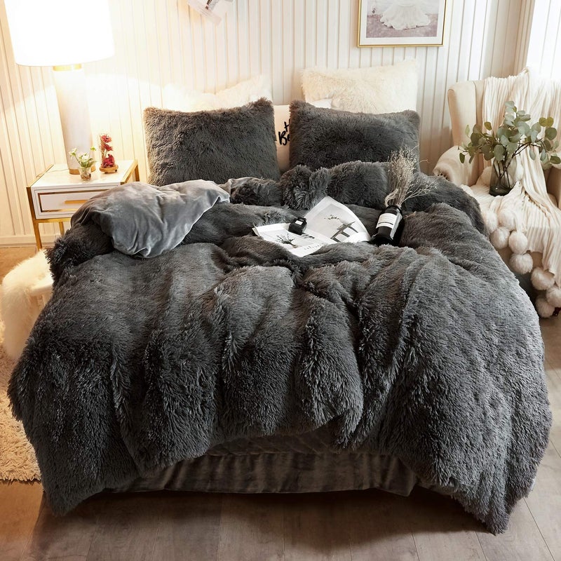 XeGe Plush Shaggy Duvet Cover Set Luxury Ultra Soft Crystal Velvet Fluffy Bedding Sets 3 Pieces1 Furry Faux Fur Comforter Cover  2 Fuzzy Faux Fur Pillowcases Zipper ClosureQueen Dark Gray