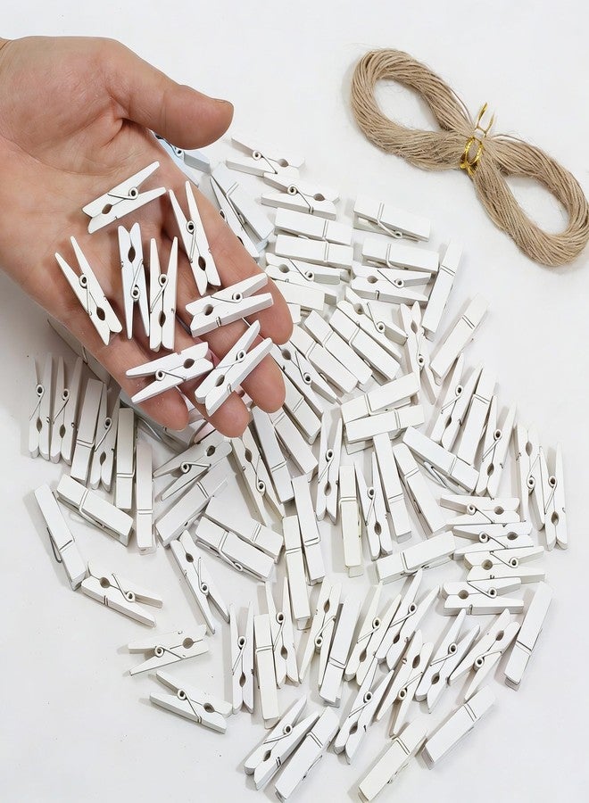 Monigte Mini Photo Clips, 100pcs Clothes Pins for Photos, White Wooden Clothespins with Jute Twine, Small Clothes Pins Tiny Clothespins for Photos, Crafts, Pictures - Image 5