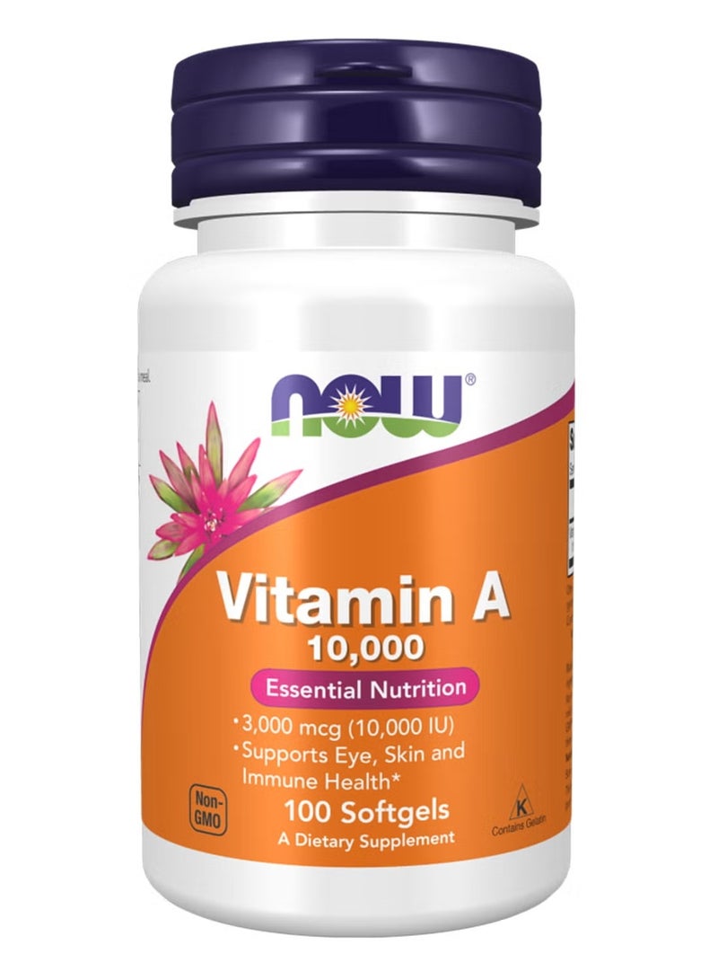 NOW Foods Vitamin A 10,000 IU 100 Softgels – Essential Vitamin A Supplement for Eye, Immune & Skin Health - Image 1