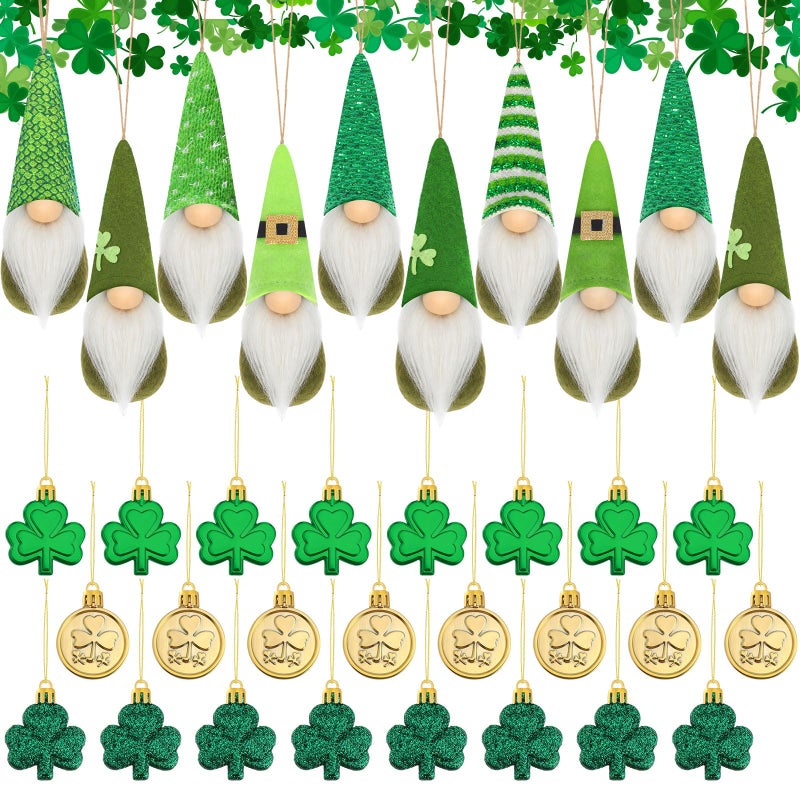 Syhood 34 Pcs St Patricks Day Ornament Set Mini St Patricks Day Gnome Ornaments and Shamrock Hanging Decoration Irish Party Favors for Small Tree Table Center Pieces Decor - Image 2