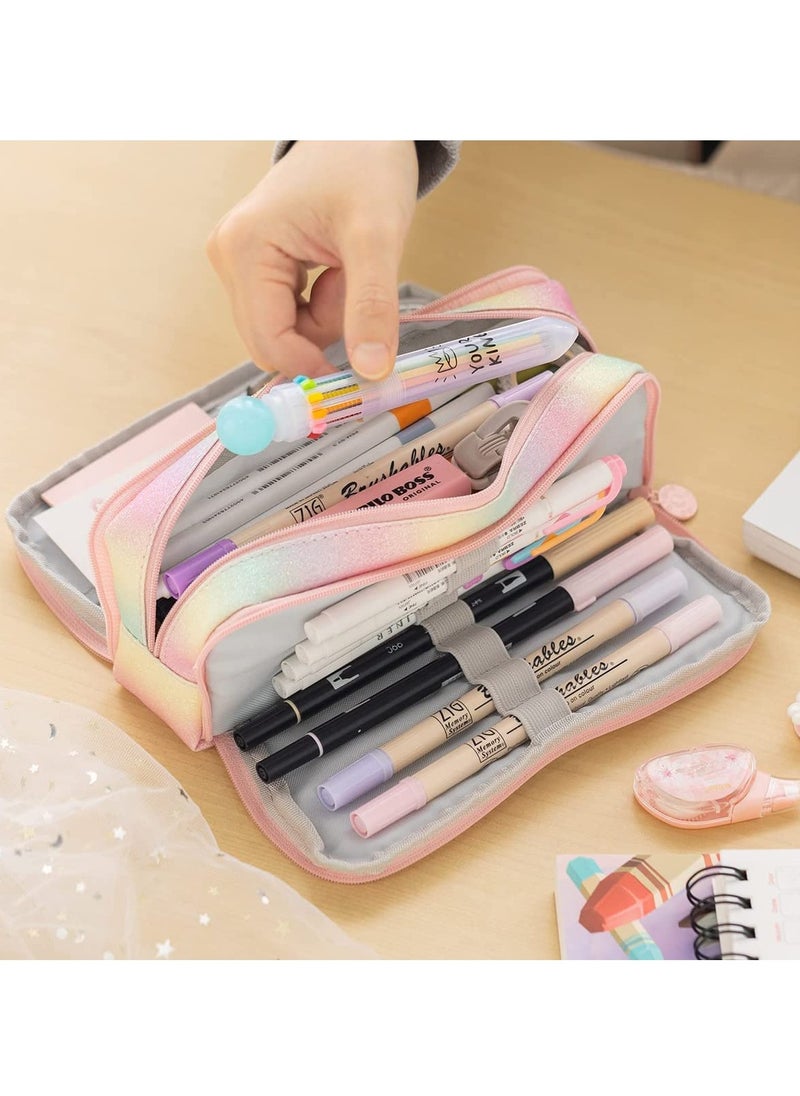 SYOSI - Large Capacity Pencil Case 3 Compartment Pencil Pouch Pen Bag for Teen Girls Boy Men Women (Rainbow) - Image 1