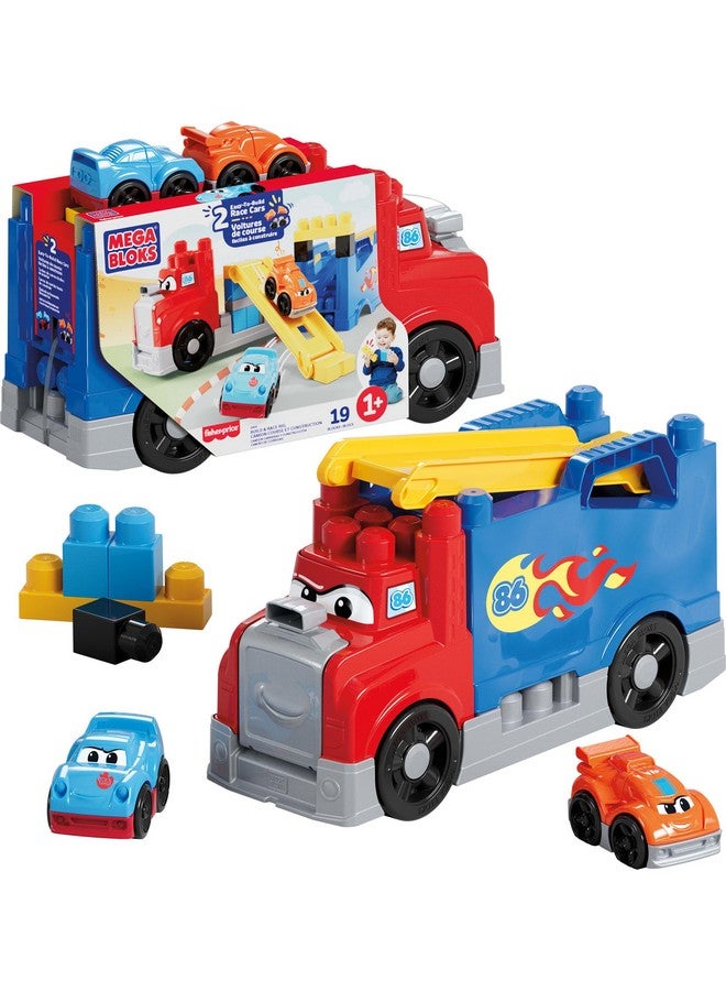 MEGA BLOKS First Builders Toddler Building Blocks Toy Set, Build & Race Rig with 19 Pieces, 2 Race Cars and Storage, Red, Ages 1+ Years - Image 1