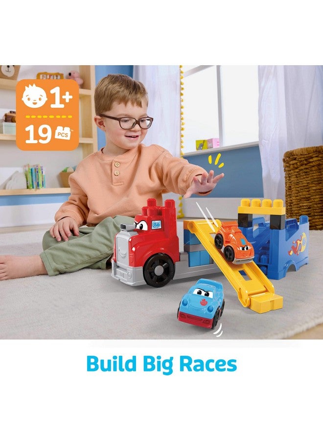 MEGA BLOKS First Builders Toddler Building Blocks Toy Set, Build & Race Rig with 19 Pieces, 2 Race Cars and Storage, Red, Ages 1+ Years - Image 2