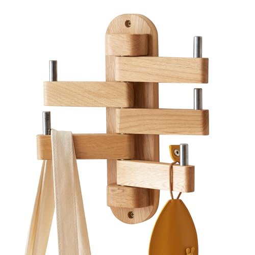 TRWISWDC Swivel Coat Rack Oak Coat Hooks, Wood Wall Hooks with 5 Swivel Foldable Arms, 12'' Length Wall Coat Rack Hat Hooks for Bathroom Entryway Bedroom Office Kitchen, Heavy Duty (Natural) - Image 1