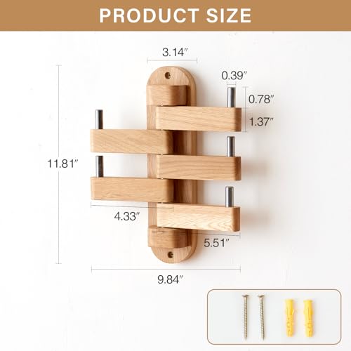 TRWISWDC Swivel Coat Rack Oak Coat Hooks, Wood Wall Hooks with 5 Swivel Foldable Arms, 12'' Length Wall Coat Rack Hat Hooks for Bathroom Entryway Bedroom Office Kitchen, Heavy Duty (Natural) - Image 3
