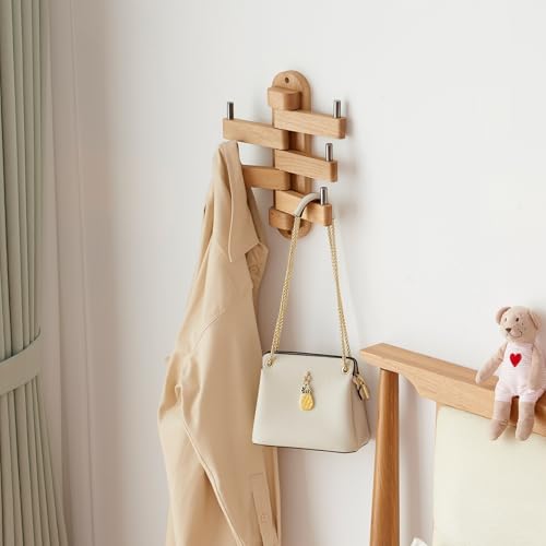 TRWISWDC Swivel Coat Rack Oak Coat Hooks, Wood Wall Hooks with 5 Swivel Foldable Arms, 12'' Length Wall Coat Rack Hat Hooks for Bathroom Entryway Bedroom Office Kitchen, Heavy Duty (Natural) - Image 4