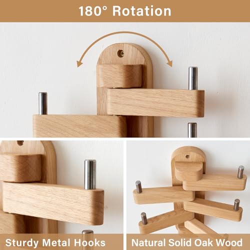 TRWISWDC Swivel Coat Rack Oak Coat Hooks, Wood Wall Hooks with 5 Swivel Foldable Arms, 12'' Length Wall Coat Rack Hat Hooks for Bathroom Entryway Bedroom Office Kitchen, Heavy Duty (Natural) - Image 2