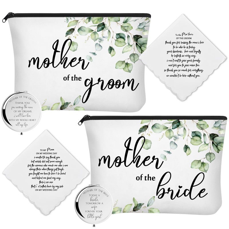 Coume 6 Pack Mother of the Bride Gifts Mother of the Groom Gifts Set Includes 2 Leaves Cosmetic Bag 2 Makeup Mirror 2 Mom Handkerchief for Women Wedding Engagement Proposal Bridal Shower