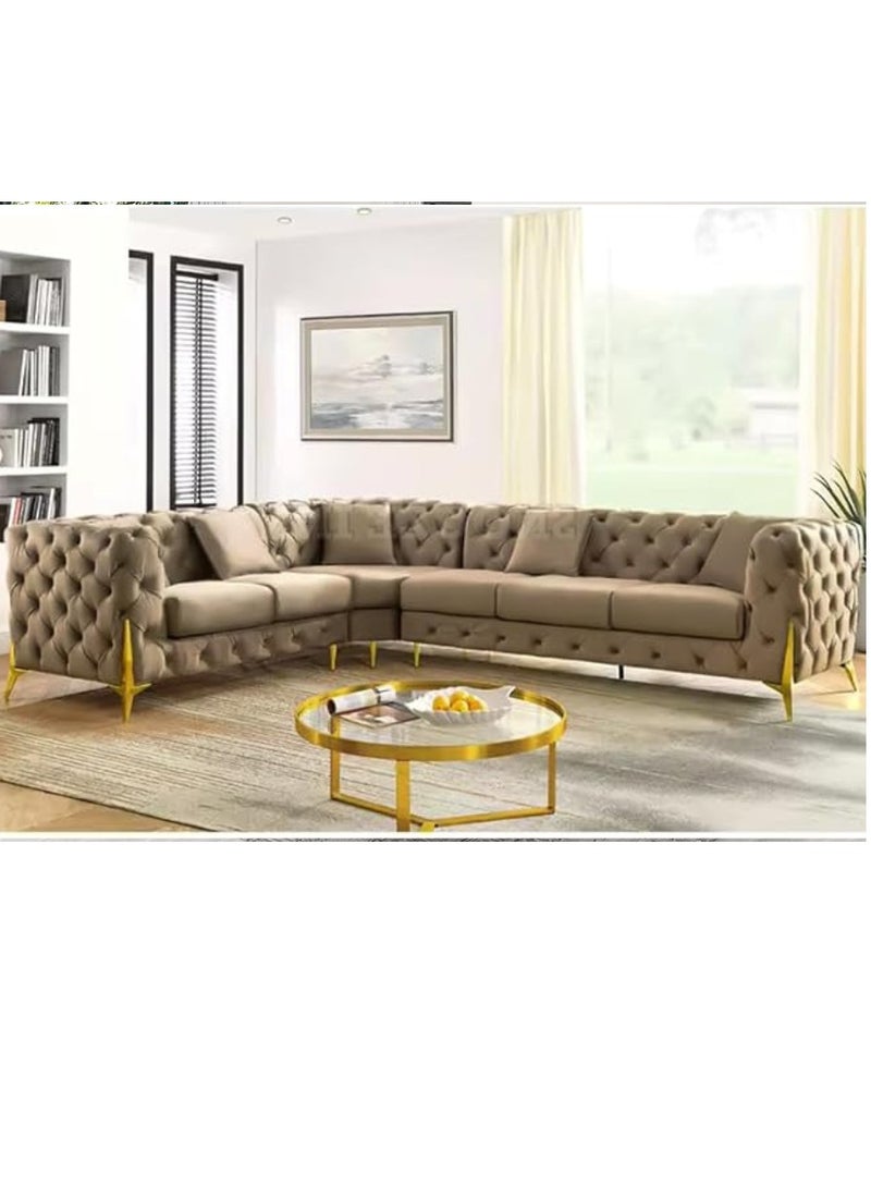 Maharat Al Bahar Luxury L-Shaped Mink Velvet Chesterfield Sofa - 6-Seater with Golden Legs - Timeless Elegance for Modern Living Rooms - Image 1