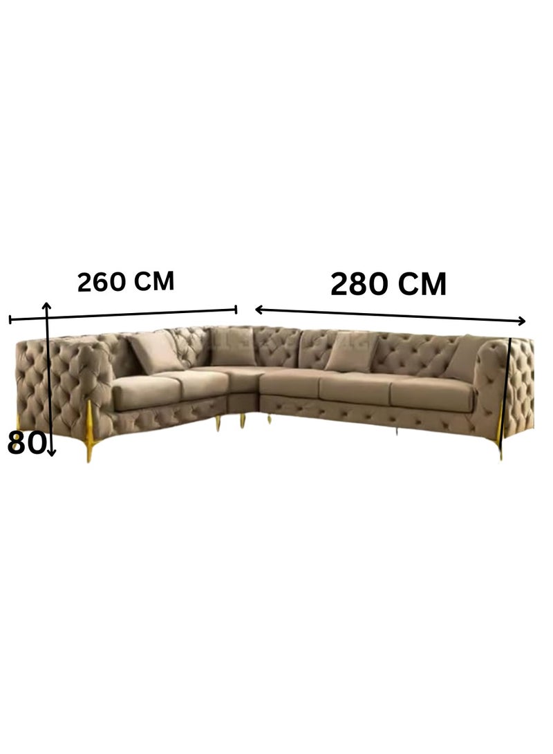 Maharat Al Bahar Luxury L-Shaped Mink Velvet Chesterfield Sofa - 6-Seater with Golden Legs - Timeless Elegance for Modern Living Rooms - Image 2