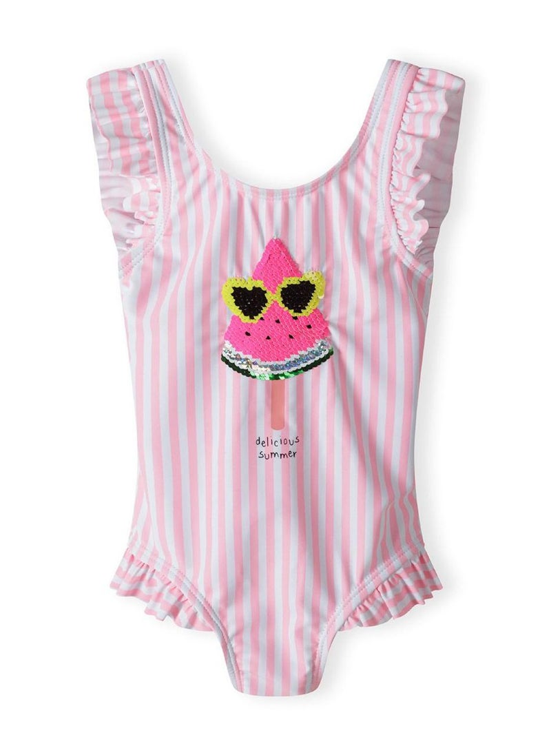 MINOTI Girls Striped Swimsuit with Reversible Sequin Ice Cream Patch - Image 1