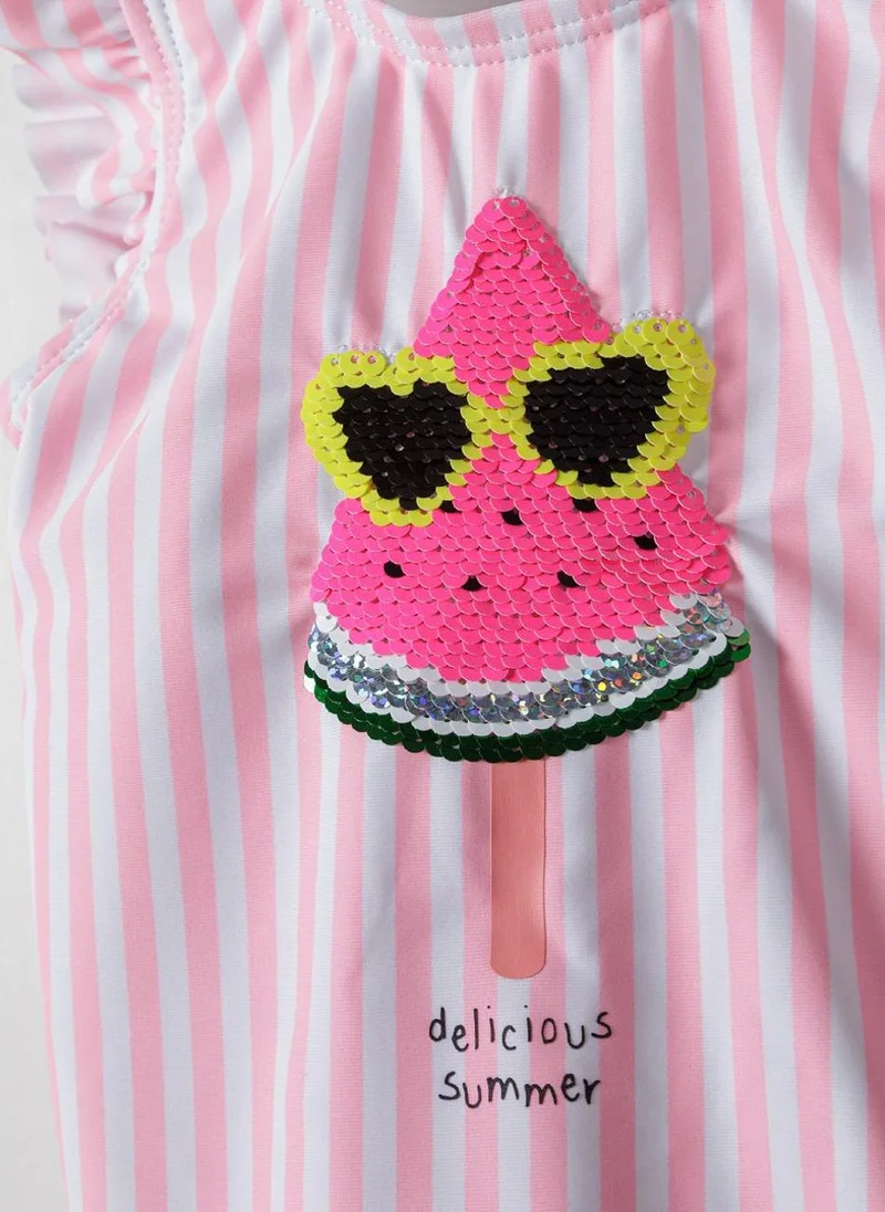 MINOTI Girls Striped Swimsuit with Reversible Sequin Ice Cream Patch