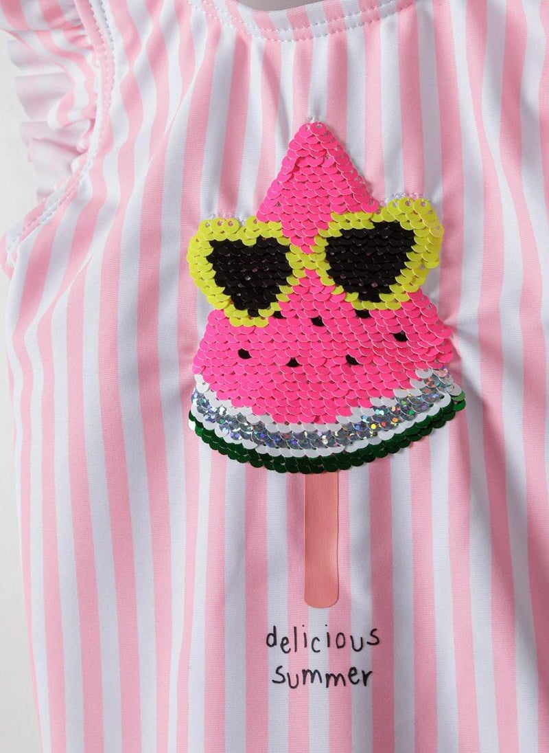 MINOTI Girls Striped Swimsuit with Reversible Sequin Ice Cream Patch - Image 3