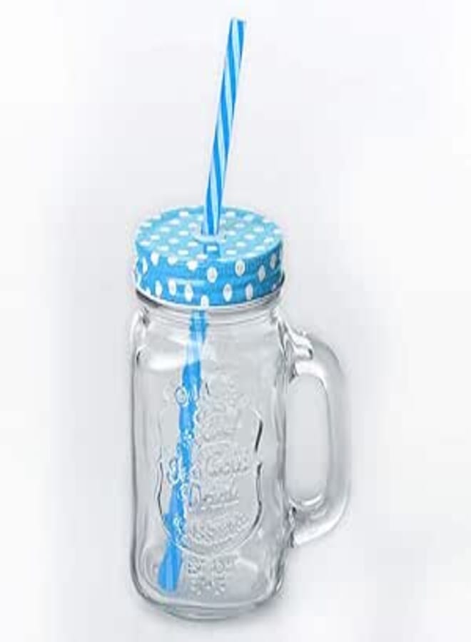 Kosh Mason Jar With Lid And Straw For Drinks, Beverages Fruit Juice Glass Airtight Frosty Jar with Handle Mason mug Jars set with Lid and Reusable Straw (Random Color, Clear, 450 ml) (1 PC)