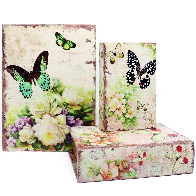 Jolitac Decorative Book Boxes World Map Pattern Antique Book Invisible box with Magnetic cover, Faux Wood Set of 3 Storage Set (Butterfly) - Image 1