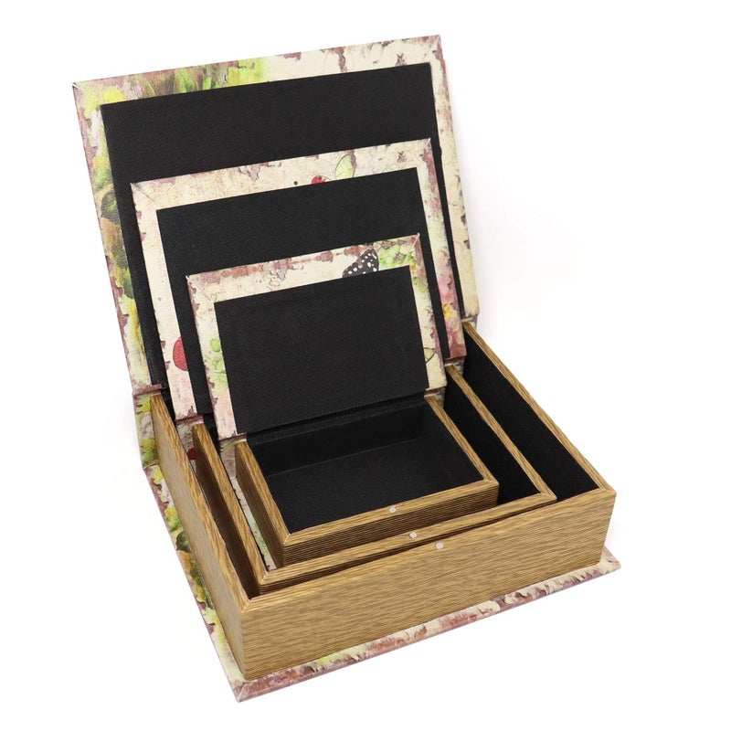 Jolitac Decorative Book Boxes World Map Pattern Antique Book Invisible box with Magnetic cover, Faux Wood Set of 3 Storage Set (Butterfly) - Image 4