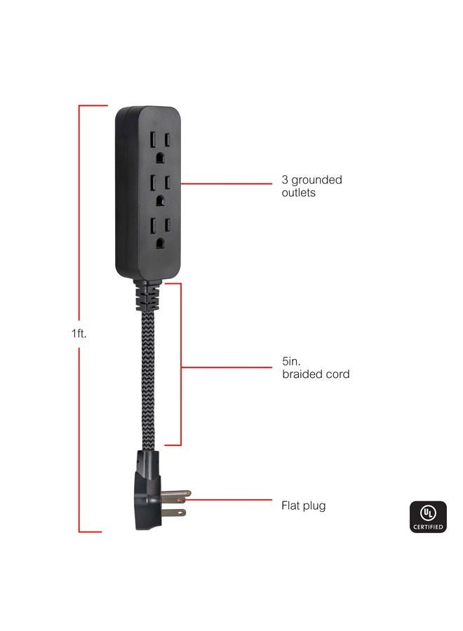GE Designer Extension Cord With Surge Protection, Braided Power Cord, 8 ft, 3 Grounded Outlets, Flat Plug, Premium, Black/Grey, 41282 - Image 2