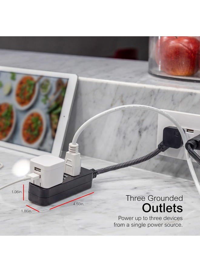 GE Designer Extension Cord With Surge Protection, Braided Power Cord, 8 ft, 3 Grounded Outlets, Flat Plug, Premium, Black/Grey, 41282 - Image 3