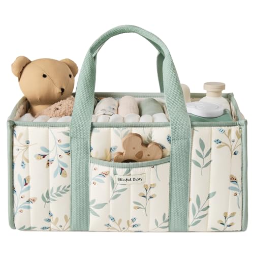 Blissful Diary Leaf Diaper Caddy Organizer Stylish Nursery Storage Basket Gift for Baby Shower Newborn Essentials Sage Leaf - Image 1