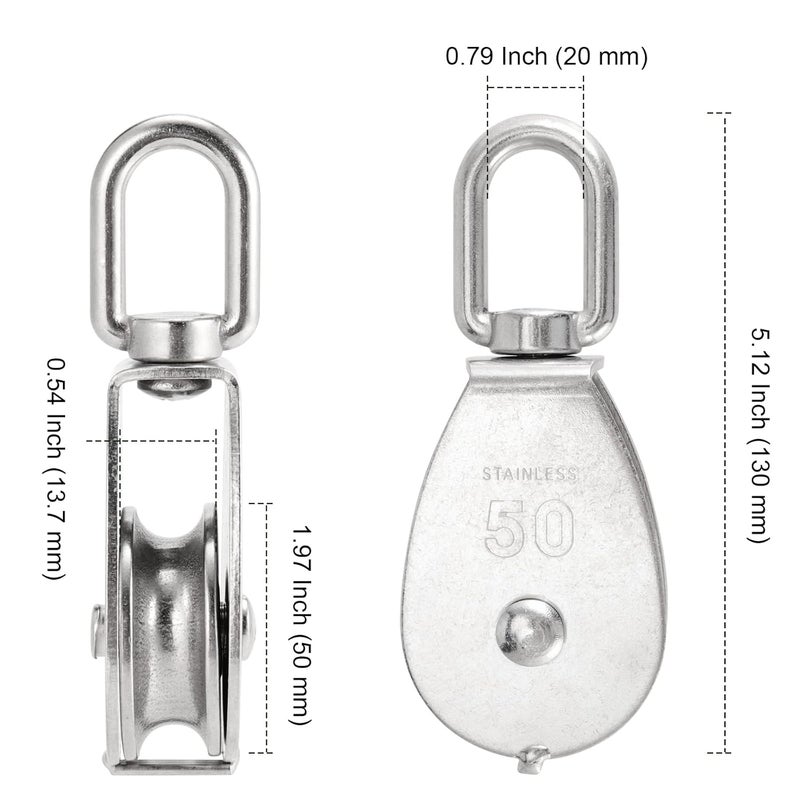 PINGEUI 6 Pack M50 Single Pulley Block, 304 Stainless Steel Lifting Wire Crane Pulley Roller, Heavy Duty Silver Swivel Hook Single Pulley Block for 0.5 in Wire Rope, Loading 880 Lbs - Image 2